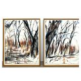Lot 1001  Pair of Large V. George Expressionist Landscape Drawings on Paper. Charcoal and Pastel. Signed and D