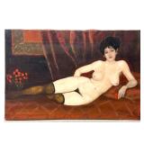 Lot 1005  Large Norman Rubington Oil on Canvas Study of Reclined Female Nude with Knee Highs Large Scale Signe