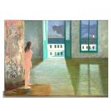 Lot 1014  Large Scale Figurative Oil on Canvas. Interior with Nude Female Figure and Open French Doors.