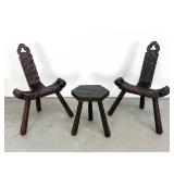 Lot 1063  3pcs Spanish Brutalist Wooden Furniture. 2 Chairs and a small stool.