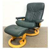 Lot 1077  Ekornes Stressless Recliner and Ottoman in Green Leather and Bentwood. Made in Norway.