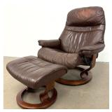Lot 1078  EKORNES Stressless Brown Leather Recliner Lounge Chair and Ottoman. Laminated Wood Frames. Tension A