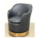 Lot 1081  Mid Century Modern Swivel Tub Chair in Black Leather with Brass Plinth Base and Casters