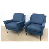Lot 1086  Pair of Mid Century Modern Style Blue Upholstered Armchairs with Integrated USB Charging Ports and T