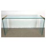 Lot 1094  Pace Waterfall Console Table Brass and Glass. Clear Glass top and sides with brass connecter joints.