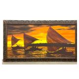 Lot 1104  BETTY MILLER Signed Painting. Pacific Outrigger Sailboats. Carved Frame. Large Painting on Canvas. S