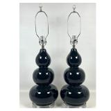 Lot 1112  Pair of Contemporary Large Triple Gourd Black Glazed Ceramic Table Lamps on Clear Acrylic Bases