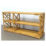 Lot 1124  Mid Century Modern 3 Tier Rattan and Wicker Console Shelf. Unsigned.