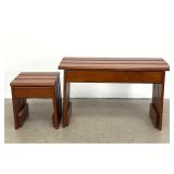 Lot 1129  Pair of Modern Slatted Hardwood Benches in a Reddish Brown Stain with Triple Slat Seats and Legs