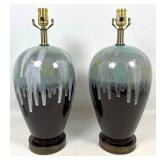 Lot 1131  Pr Mid Century Modern Ceramic Drip Glaze Table Lamps with Brown and Teal Lava Glaze and Brass Finish