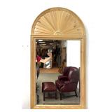 Lot 1141  Large Arched Knotty Pine Wall Mirror with Pleated Sunburst Pediment and Beveled Glass