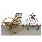 Lot 1155  2pcs Modernist Rattan Furniture. Children Size Rocking chair and decorative rack,