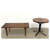 Lot 1158  2pc Wood Furniture Lot. Mid Century Modern Slatted Wood Bench. Circular Hardwood Side Table with Met