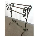 Lot 1163  French style Wrought Iron, Brass Trim Towel Rack. Scrolled Foliate Design and Verdigris Finish