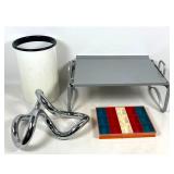 Lot 1176  Mid Century Modern lot. Mod Plastic Kartell Waste Can, Chrome Articulated Snake Puzzle Toy, Multicol