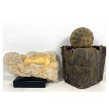 Lot 1179  2pcs Peggy Mach resin relief sculpture and ceramic vessel with face and animal motifs. Reclining mal