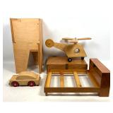 Lot 1186  Wood lot. Vintage Modernist Blonde Plywood Planter, Creative Playthings Helicopter Toy, Plywood Doll