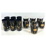 Lot 1193  12pc Set Mid Century Modern Black and Gold Glassware. 6 Tall Glasses feature Josephine Baker style d