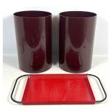 Lot 1200  3pc Mid-Century Modern Desk Accessory Set Including Pair Kartell Milano Burgundy Wastepaper Baskets 