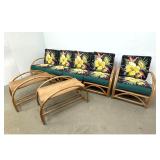 Lot 1205  7pc Mid Century Modern Tropical Rattan Modular Sectional Sofa Armchair and Side Tables Set. Colorful