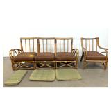 Lot 1207  Heywood-Wakefield 4pc Mid-Century Modern Birch and Rattan Sectional Sofa and Armchair Set. Signed wi