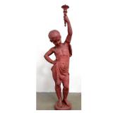 Lot 1222  Painted Cast Iron Torchiere Floor Lamp Base in the Form of a Classical Putto. Textured Red and White