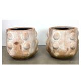 Lot 1234  Pair of Large Modernist Terracotta Studded Garden Planters with White Wash Finish. Bumpy pots.