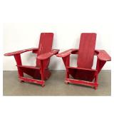 Lot 1240  Pr Modernist Adirondack style red painted wood lounge chairs. wide paddle arm.