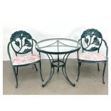 Lot 1251  3pc Cast Aluminum Patio Bistro Set with Floral Motif Armchairs and Glass Top Table. 