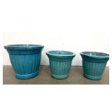 Lot 1260  Set of 3 Nesting Turquoise Glazed Ribbed Ceramic Planters with Fluted Bodies and Drainage Holes