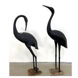 Lot 1266  Pr Vintage Cast Metal Garden Crane Sculptures. Textured Feathers. Black Paint Finish. Outdoor. Garde