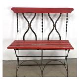 Lot 1269  Vintage Wrought Iron and Wood Slat Garden Bench. Foldable. Distressed Red Paint Patina. Outdoor. Pat