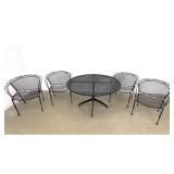 Lot 1280  5pc Iron and Metal Mesh Patio Dining Set. 4 Barrel Back Armchairs and Pedestal Table. Black Paint Fi