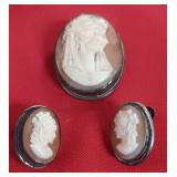 2 Antique Shell Cameo Brooch & Earrings in Silver